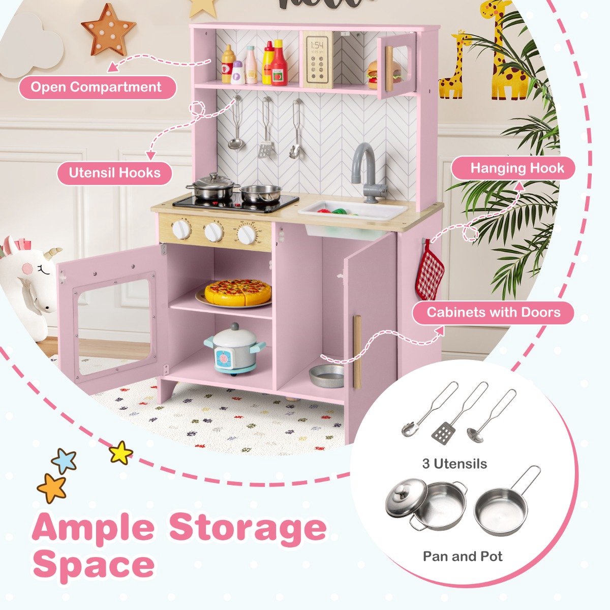 SureDeal® - Rollenspell - Houten Speelkeuken - Kinderen Licht Geluid - Keukenaccessoires Speelgoedkeukenset Roze - 60x30x85 cm - Roze