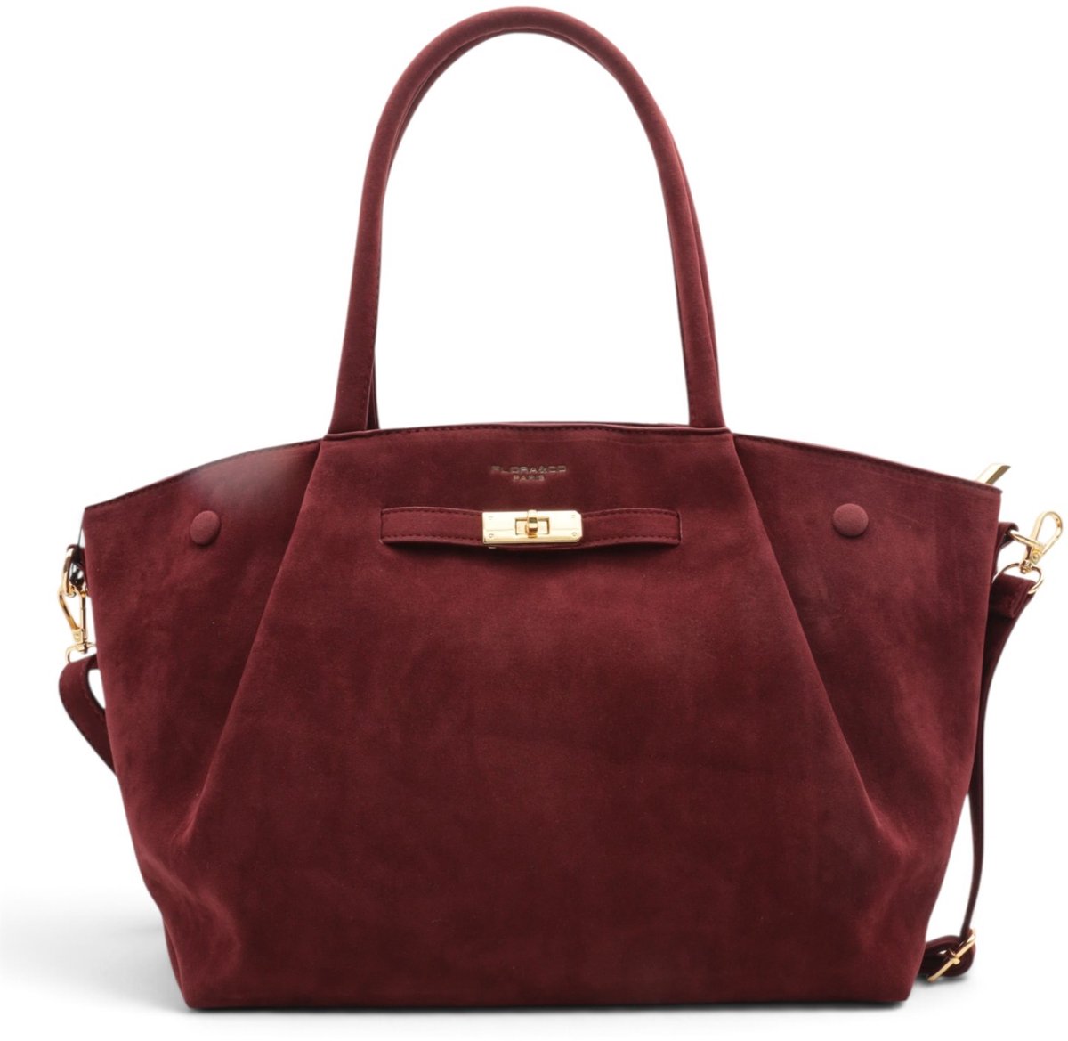 Flora&Co - TESSA - suède look - grote handtas/tote bag met lange instelbare draagriem - bordeaux - geschikt voor A4 - ideaal voor school- of werktas