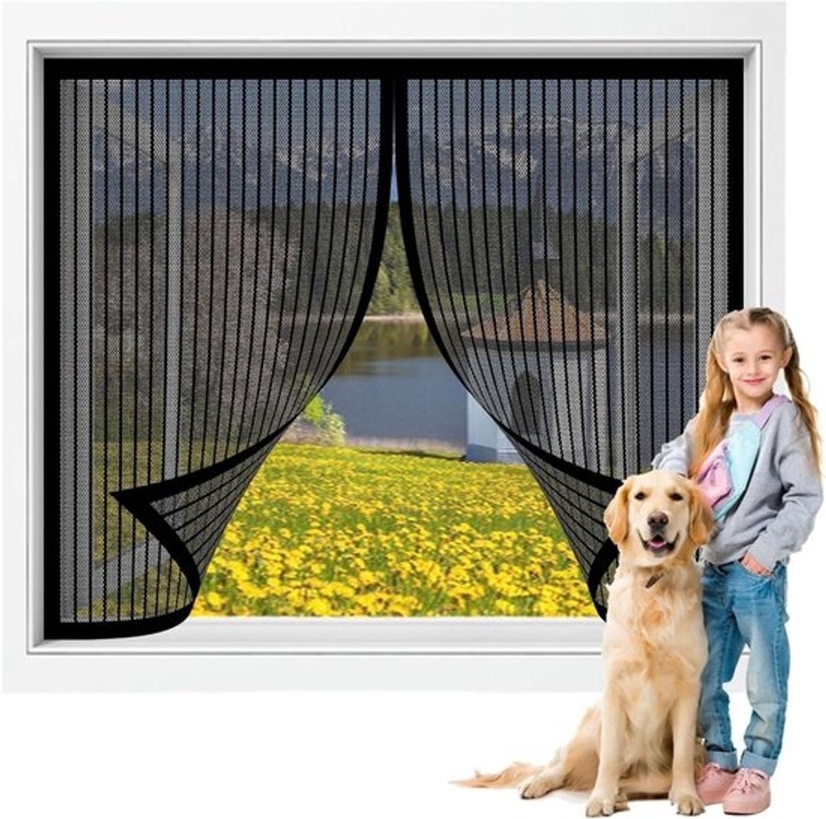 Raamhor met Muggennet - Vliegenscherm Raam - Insecten Buiten Houden - Automatische Sluiting - 128x178 cm - Zwart