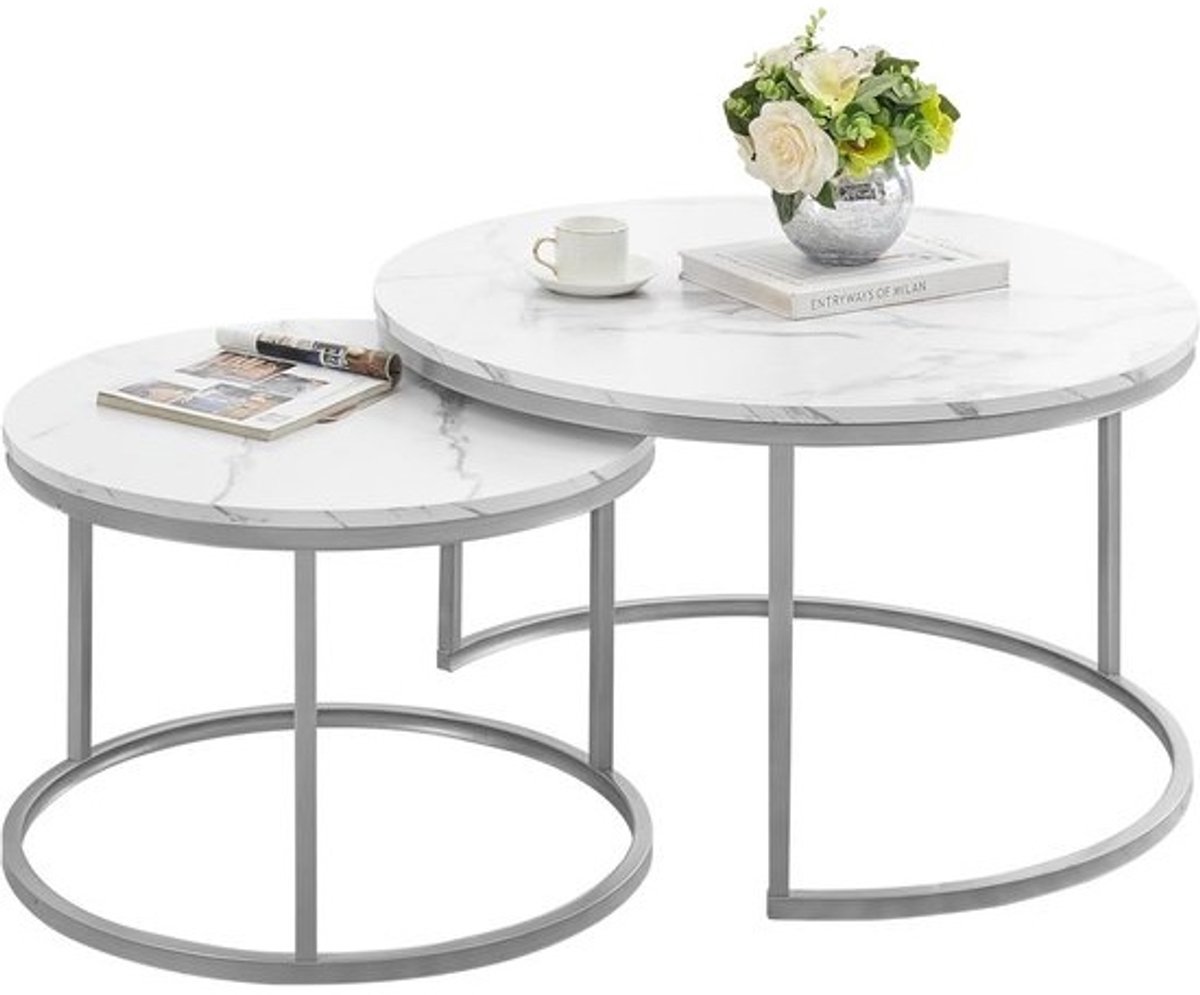 Ronde Salontafel Set van 2 met Marmerlook Tafelbladen Woonkamer