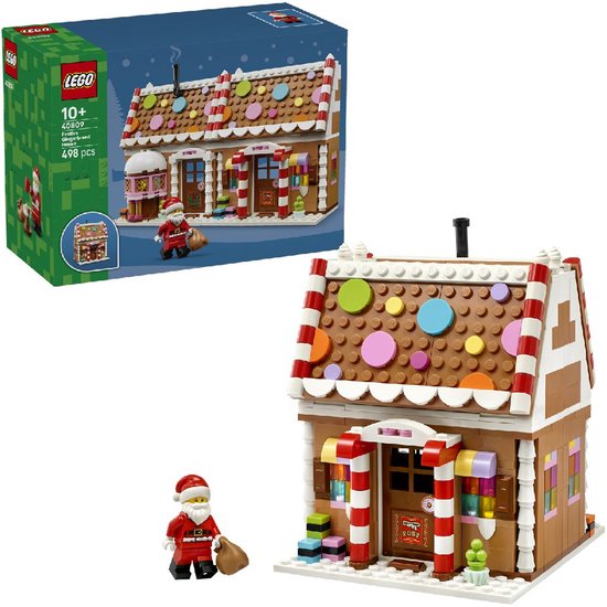 LEGO 40809 Peperkoekhuis met kerstmanfiguur. Peperkoekhuis met rood-witte dakranden, gekleurde ronde decoraties en een schoorsteen.
