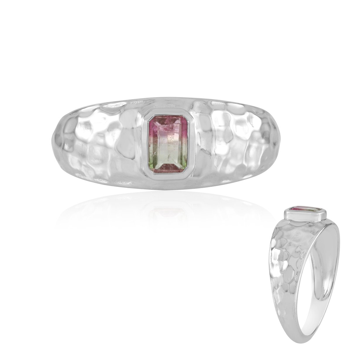 Cavill - Zilveren Damesring met 0,452 ct Watermeloen Toermalijn - 925 Sterling Zilver en Platina - Gehamerd, Achthoekig, Elegant