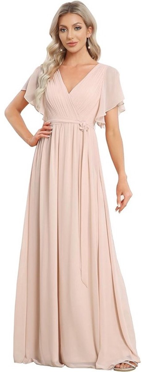 Lange Chiffon Jurk Dames V-Hals A-lijn Korte Mouw Geplooid Chic Feestjurk