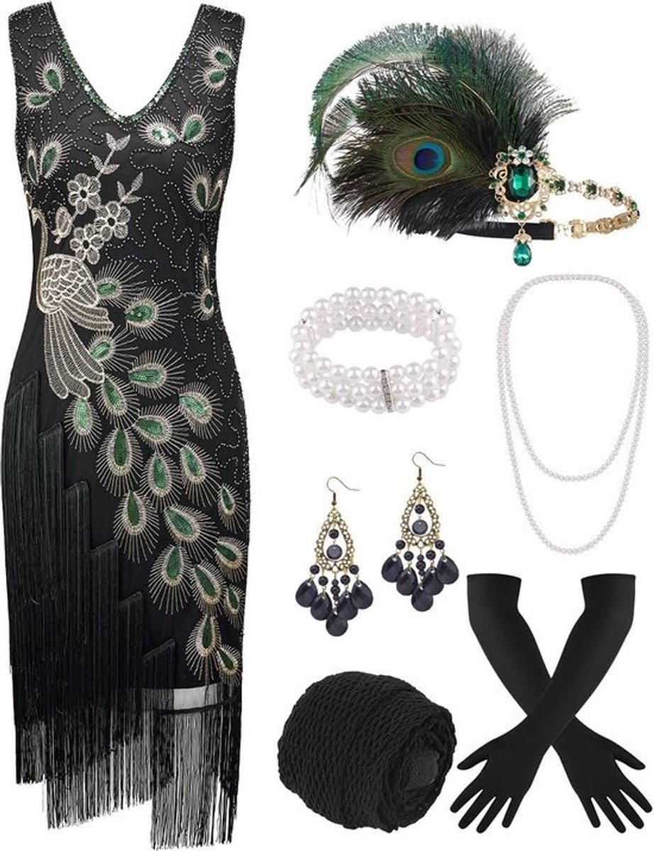 20 Delige Flapper Jurk Dames - Glitter Pailletten Fringe Jurk - Jaren '20 Kostuum Set met Haarband en Lange Handschoenen