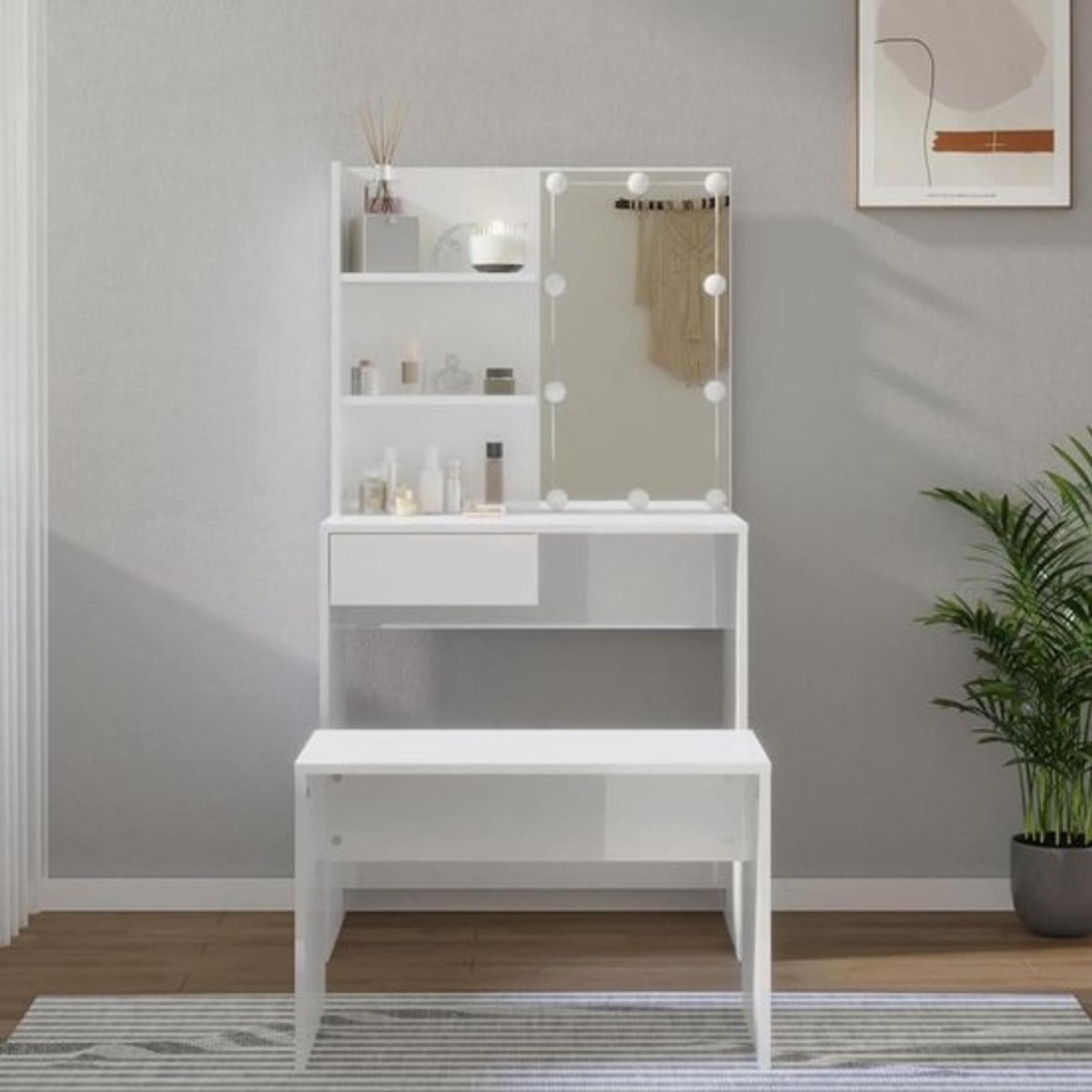 Dressing Table Set with LEDs - High Gloss White Makeup Table and Mirror - Bedroom Furniture