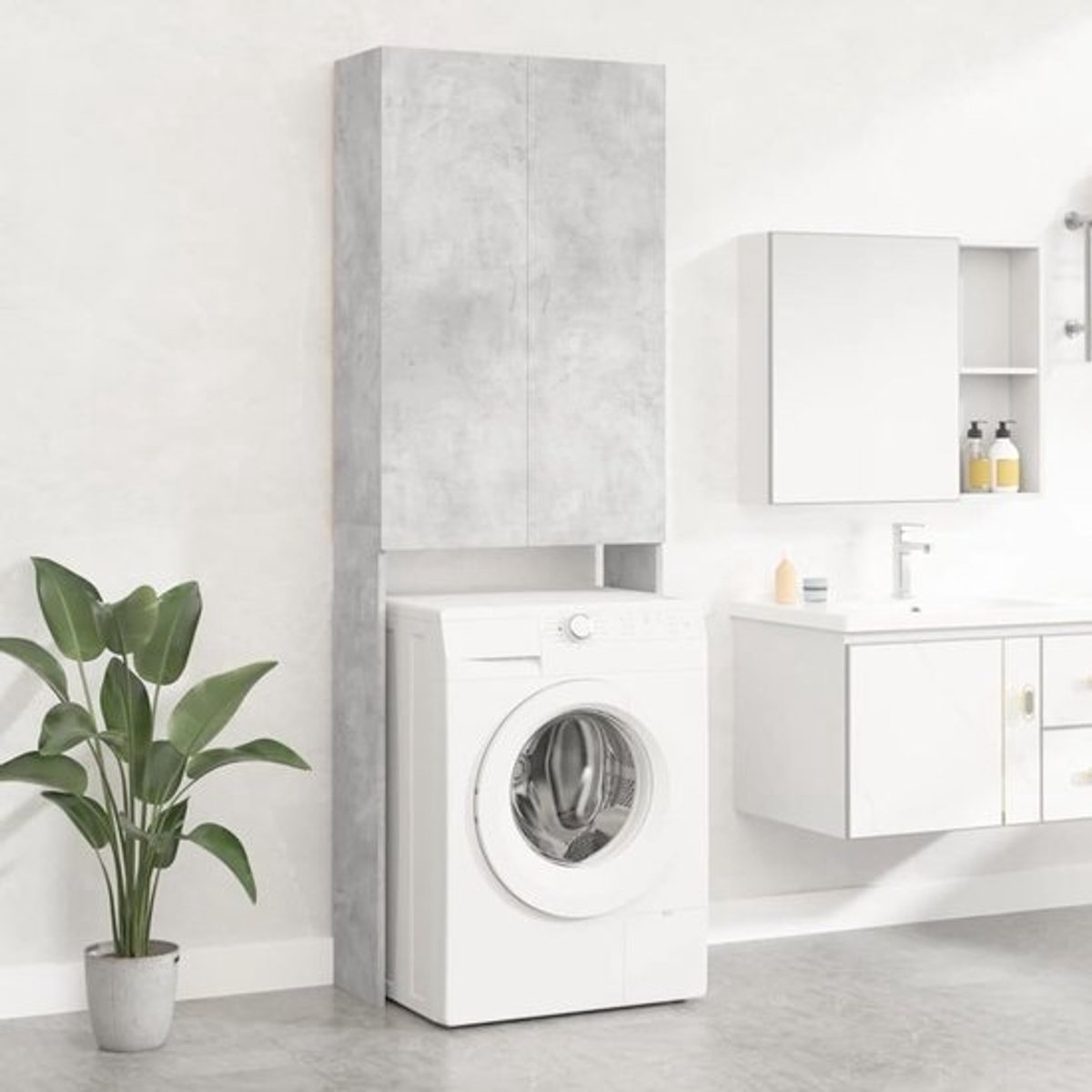 Gecheer Wasmachinekast, 2 deuren en 3 vakken, rek voor wasmachine, ruimtebesparend bovenkast voor wasmachine, wc-rek, betongrijs, 64 x 25,5 x 190 cm