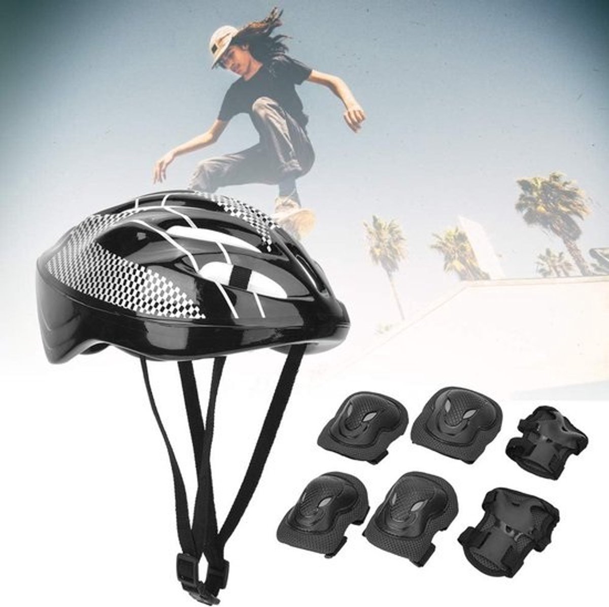 Beschermingsset Volwassenen - Veiligheidskit Sport - Actieve Sporten - Ademend Air Mesh - 7-delig - Zwart