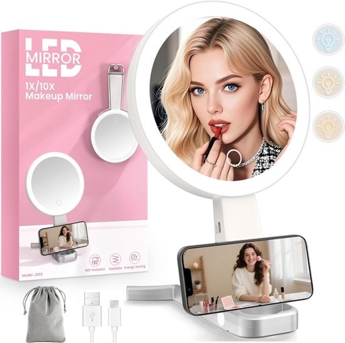 Vergrotende Make-up Spiegel met LED Licht, Draagbaar en Oplaadbaar