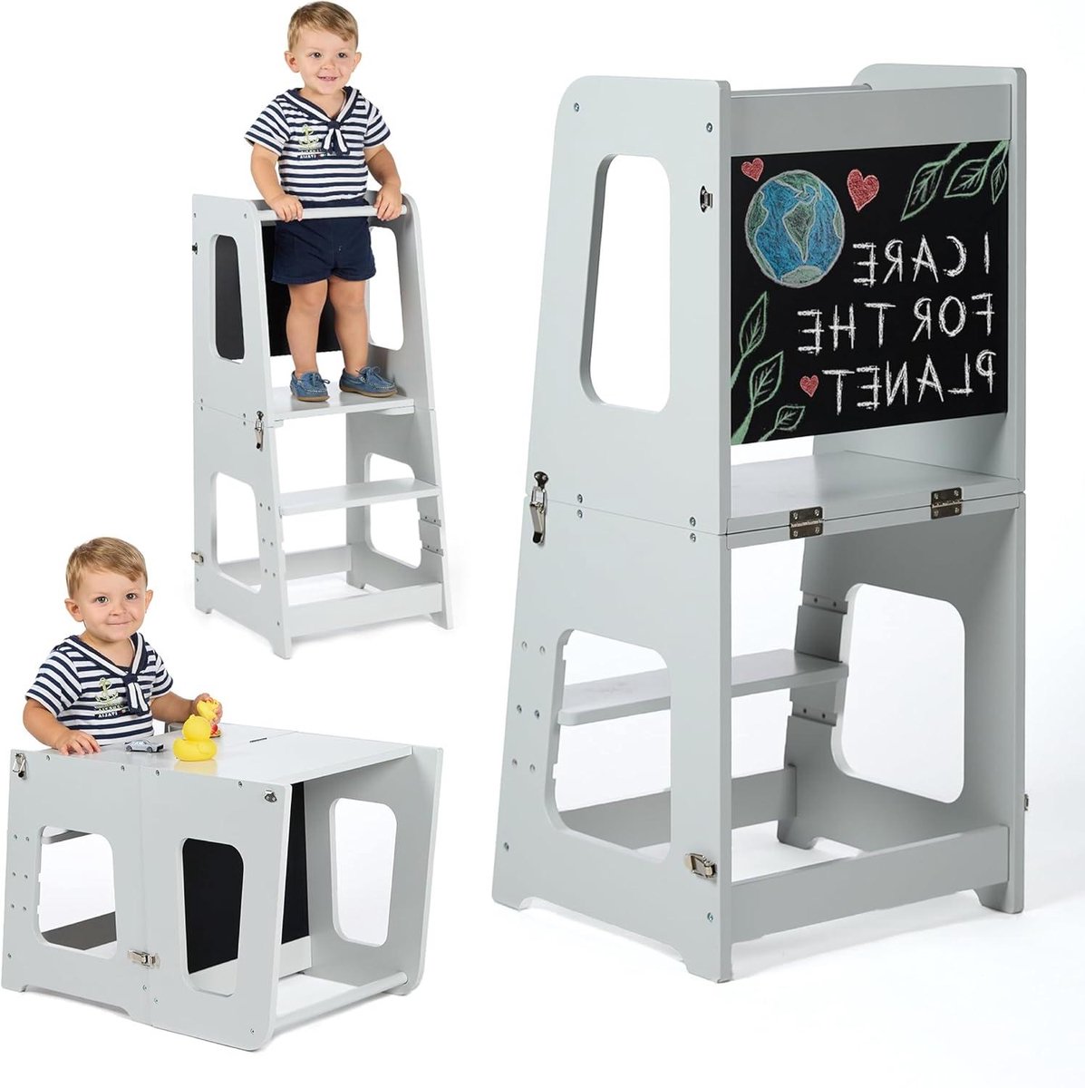 Kinder Toren - Leer Toren - Zelfstandig Leren - 3-in-1 Verstelbaar - 40 cm Diep - Parel grijs