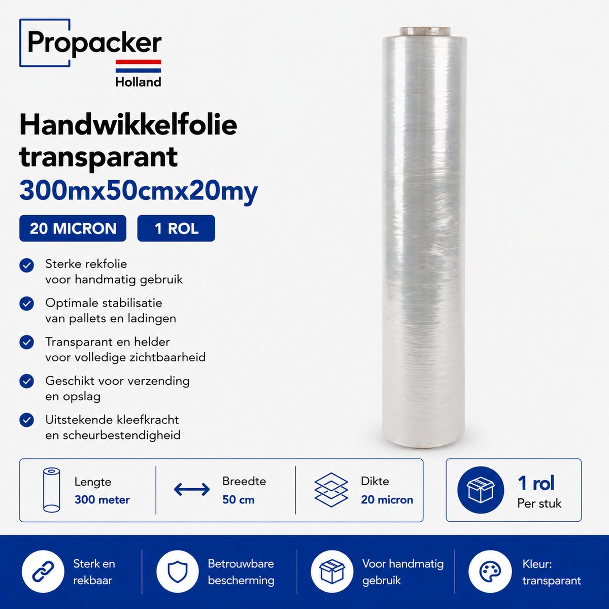 Handwikkelfolie Transparant 50 cm x 300 m x 20 Micron – 1 Rol – Stretchfolie – Rekfolie voor Pallets - Propacker