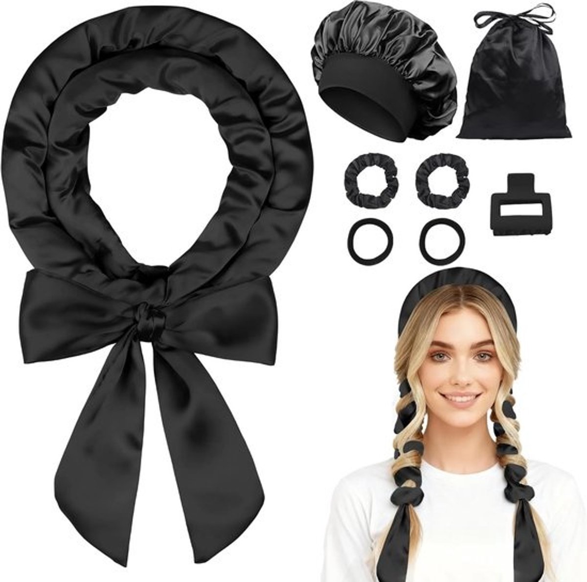 SnelShoppen - Satin Heatless Curls Band - Curlers voor Nachtelijke Krullen zonder Hitte - 8 Stuks Zacht Satijn voor Lang Haar met Bonnet - Perfect voo