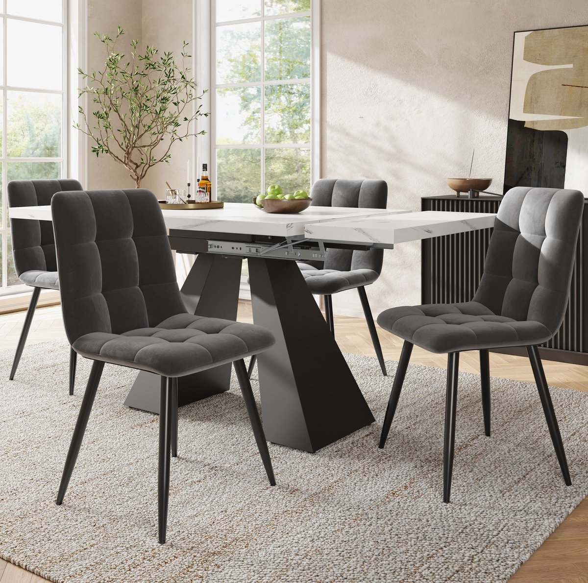 Wishdor Essgroep 5-delig - Uitrekbare eettafel voor 4 personen - Modern - Woonkamer eetkamer keuken - MDF met metaal en fluweel - Wit zwart grijs - 159 x 74 x 77 cm