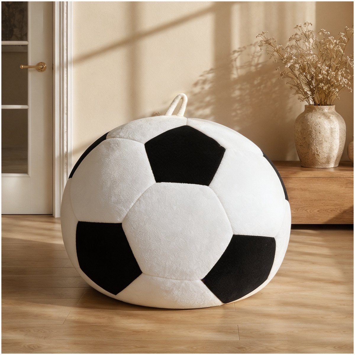 COVREO Zitzak 100 x 80 cm wit zwart fluweel - voetbalvorm - voor binnen - voor volwassenen