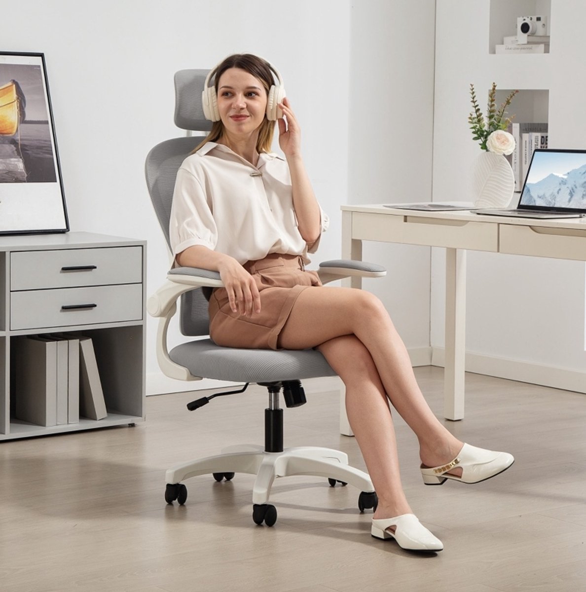 DESMIU Bureaustoel - Ergonomische Netstof Rugleuning - Met Hoofdsteun En Wipfunctie - Voor Werk Gaming En Studie - Mesh - Grijs