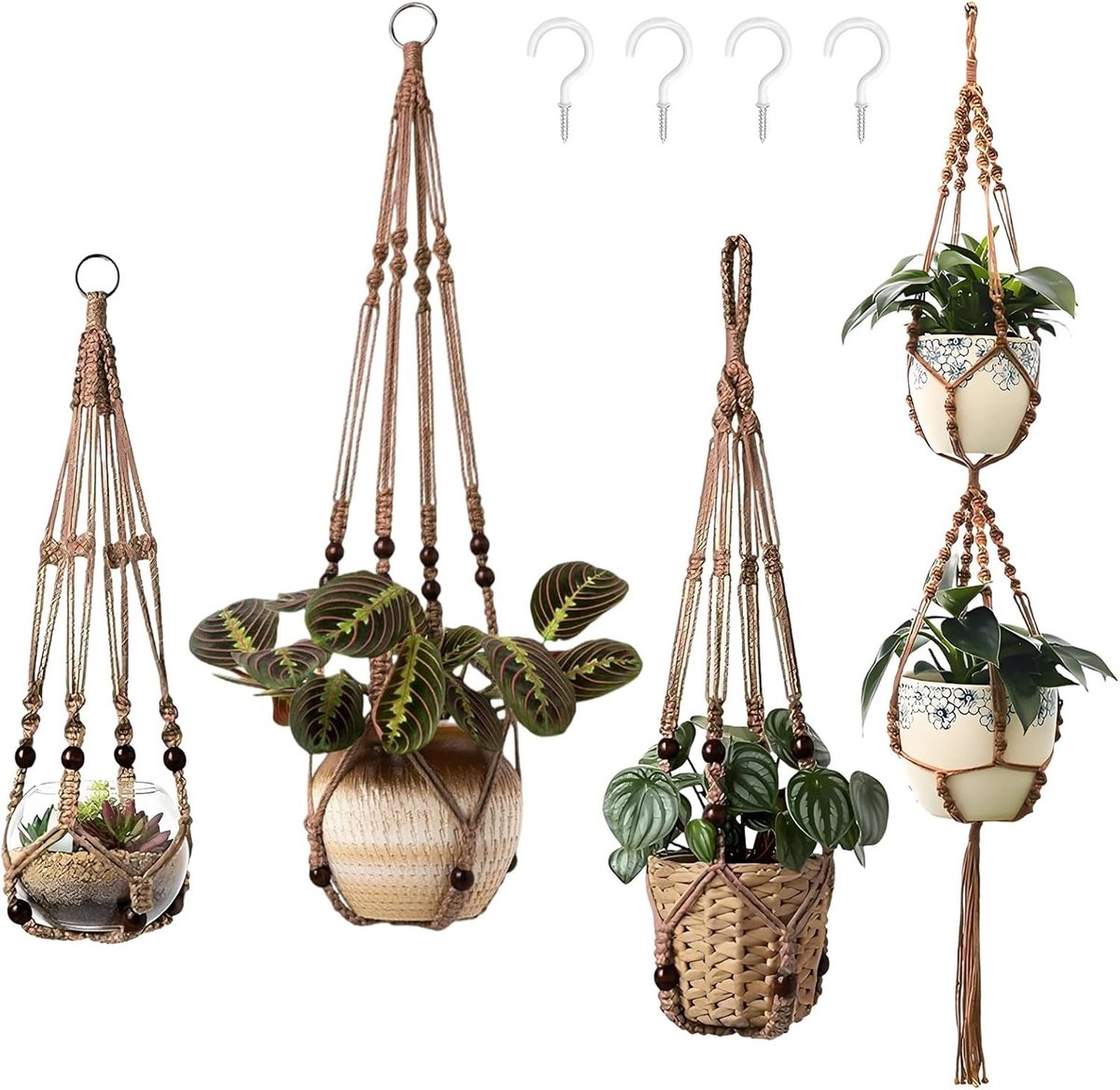 4 Stuks Plantenhangers met Kralen - Macramé Handgeweven Katoen Bloempothouder voor Binnen en Buiten - Boho Hangplant Houder met Haken - Verticale Tuin & Woonkamer Decoratie