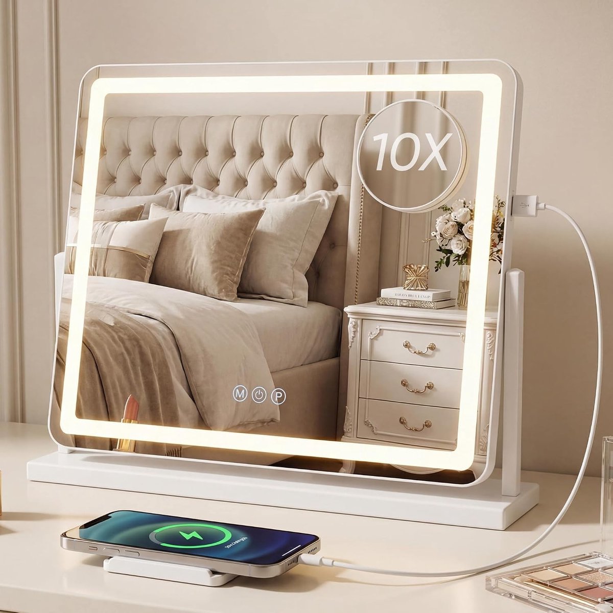 Make-up Tafelspiegel met LED Verlichting, HD, 360° Rotatie, Dimbare Functie, 3 Kleurtemperaturen en Geheugenfunctie voor Perfecte Make-up Aanbrengen