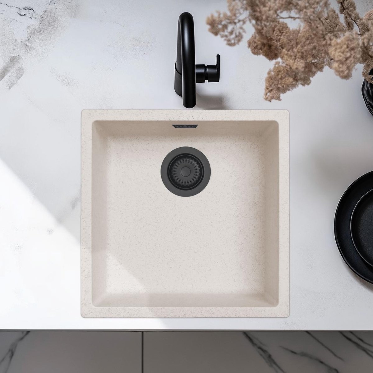 Spoelbak 40x40 cm zand wit onderbouw, opbouw Pure.Sink