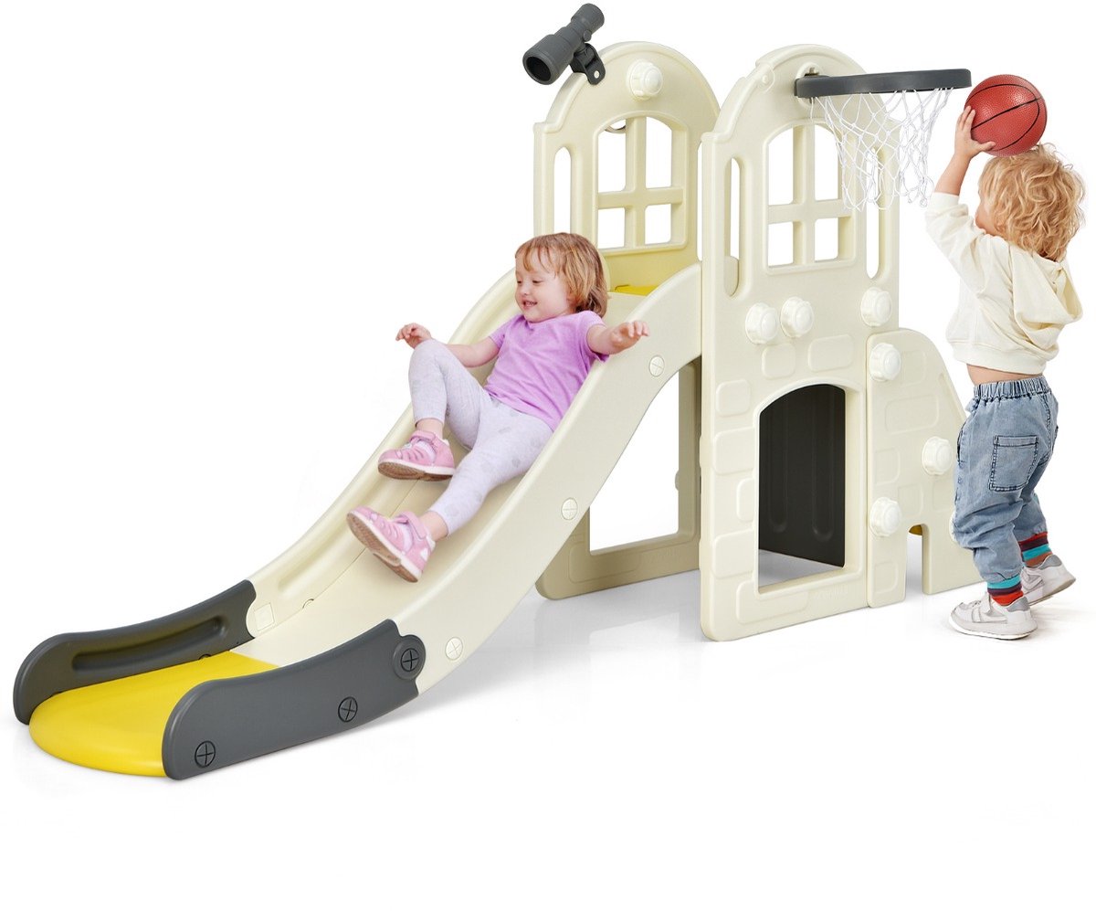 SureDeal® - Klimrekk - Grote Glijbaan - Kinderen Klimglijbaan - Peuters - Basketbalring - Bal - Ringworp - 189,5x83x98 cm - Geel