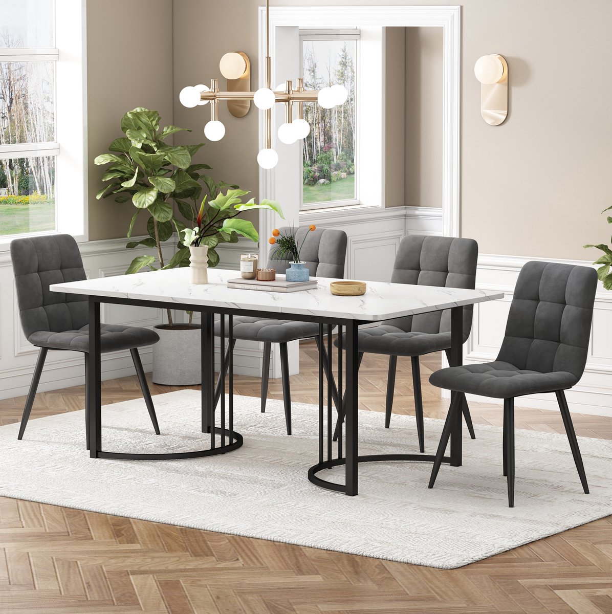 Wishdor Set tafel en stoelen - Vijfdelig en 4 stoelen - Modern en comfortabel - Eetkamer en keuken - MDF en metaal - Wit en donkergrijs - 140 x 80 x 75 cm