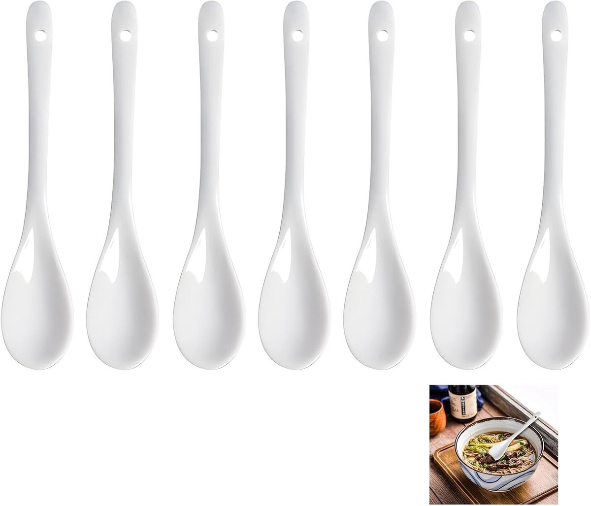 Set van 7 Witte Keramische Lepels - Mini Dessertlepels, Eierdoppen en Roerlepels voor Koffie en Thee, Perfect voor Restaurants en Cafés