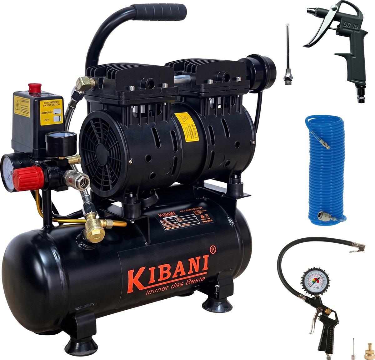 Kibani Super Stille Ecoline Compressor 6 Liter + Luchtslang 10 Meter + Bandenpomp + Luchtspuit - Complete SET - 8 Bar - 89 L/min