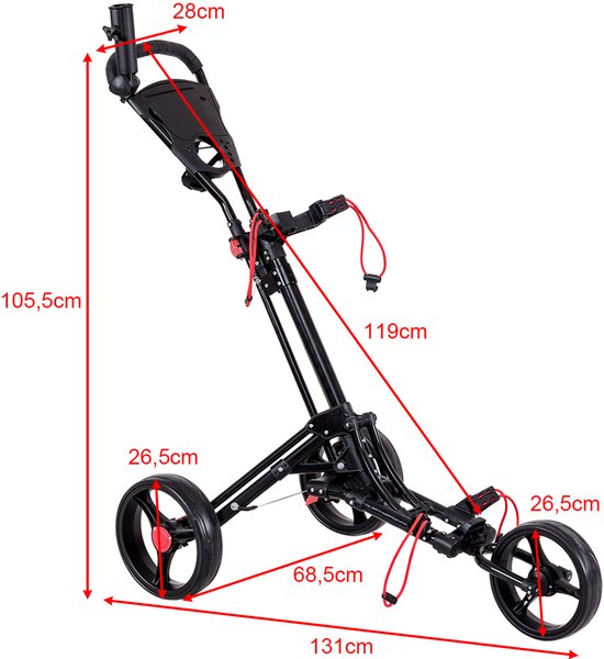 SureDeal® - Golf - Wiel Golftrolley Opvouwbare - Trekwagen Zwart - 68,5x131x105,5 cm - Zwart van suredeal — afbeelding 3