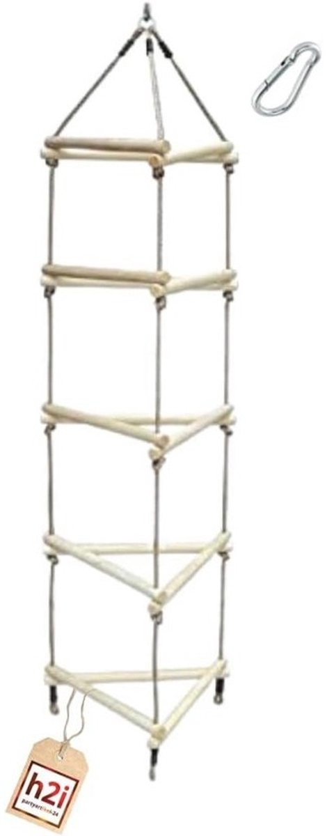 Gebreide Klimladder voor Kinderen met Houten Spijlen en Karabijnhaak - Buiten Speelgoed voor Avontuurlijke Kinderen