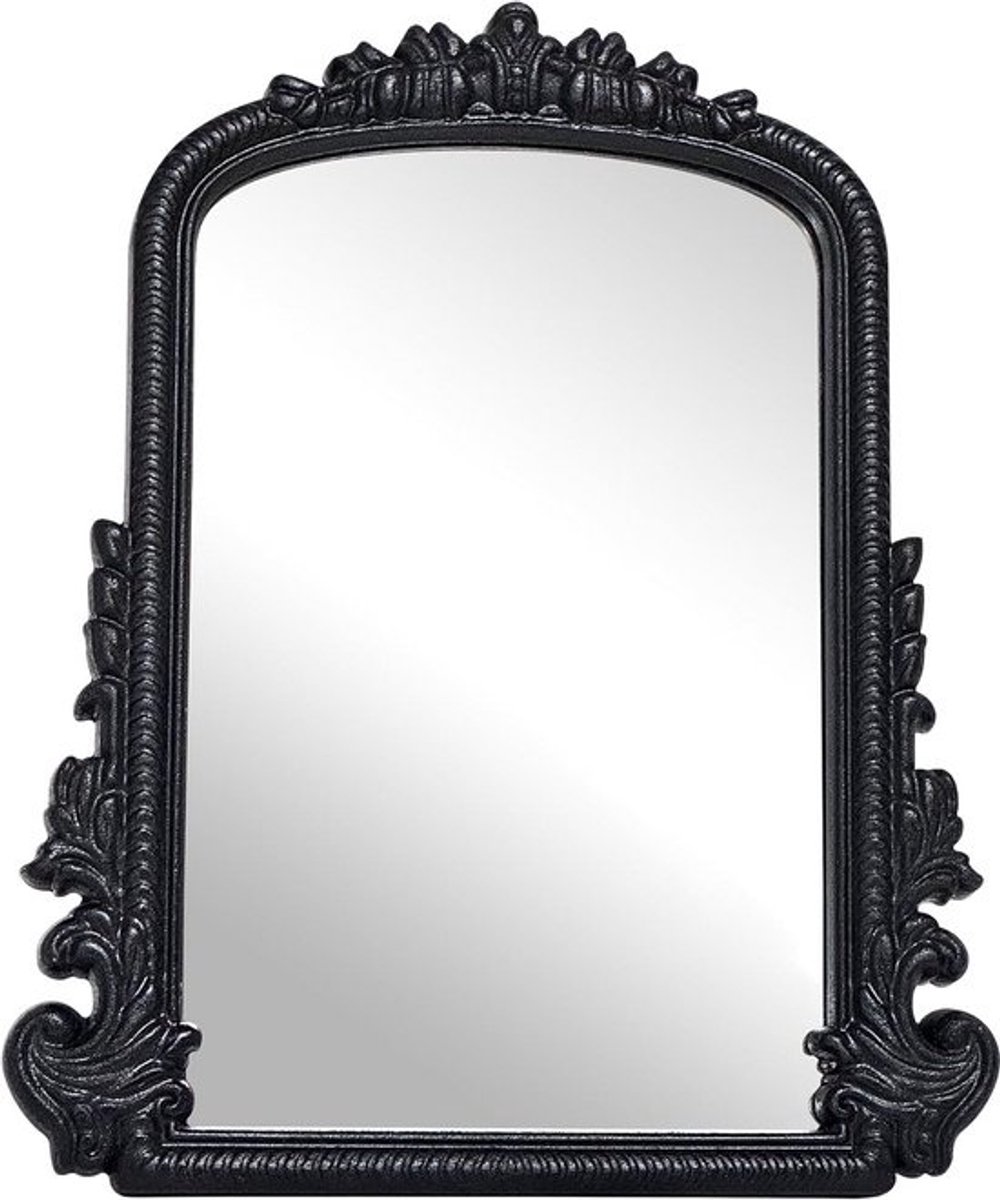 Vintage Zwarte Gebogen Make-up Spiegel met Antiek Gesneden Frame voor Slaapkamer en Commode