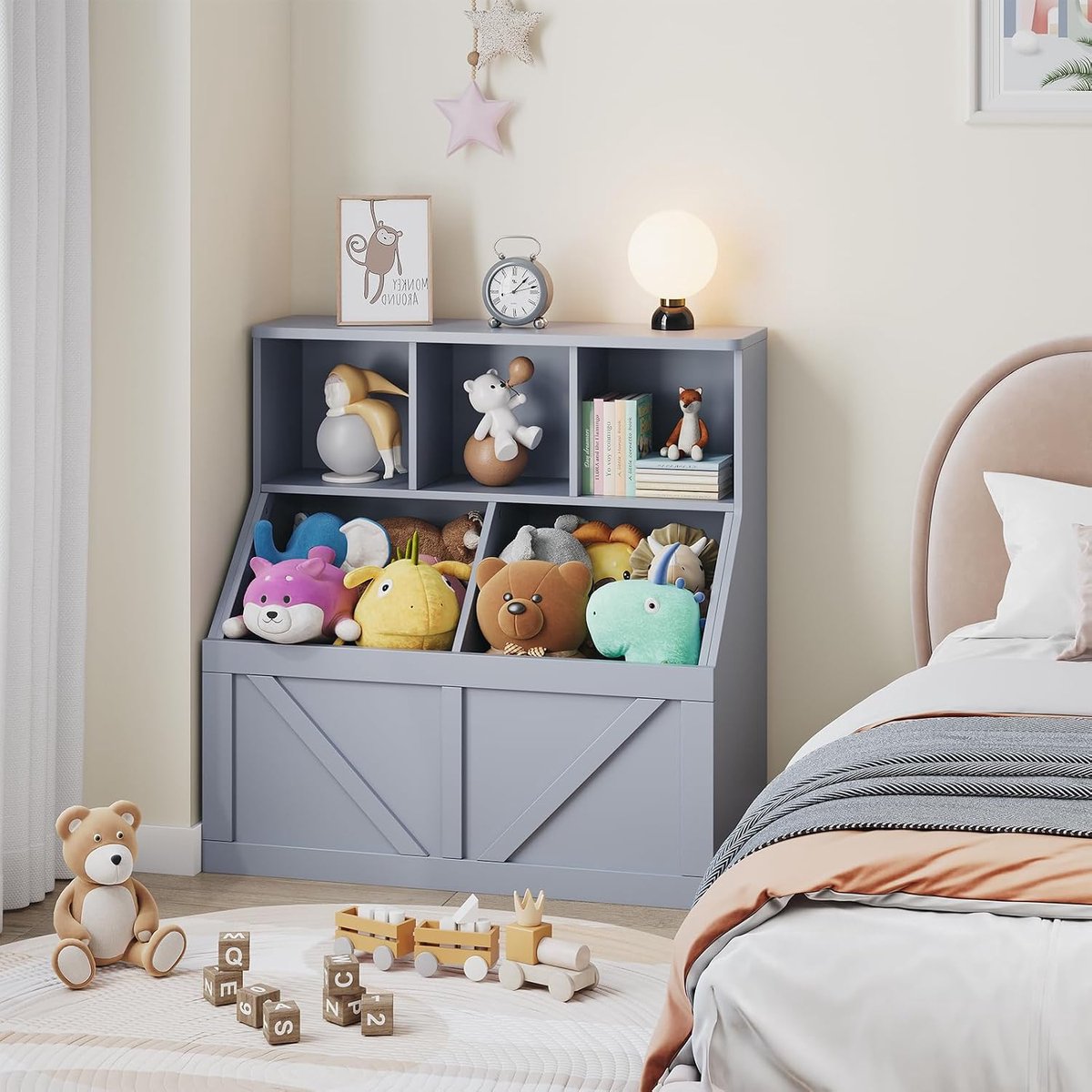 Kinderkast met Boekenkast en Speelgoedopberger - Opbergkast voor Kinderkamer - 3 Open Planken & 2 Grote Opbergvakken - Veiligheidsontwerp - Grijs - 90 x 42 x 92 cm