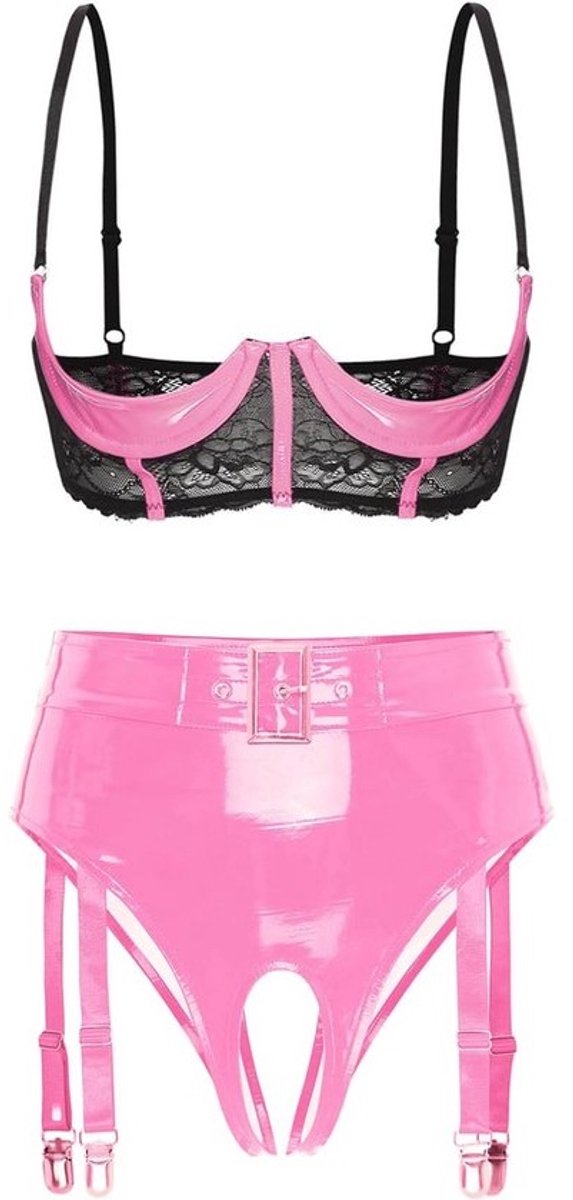 Sexy Wetlook Lingerie Set met BH, Slip en Kousenbanden