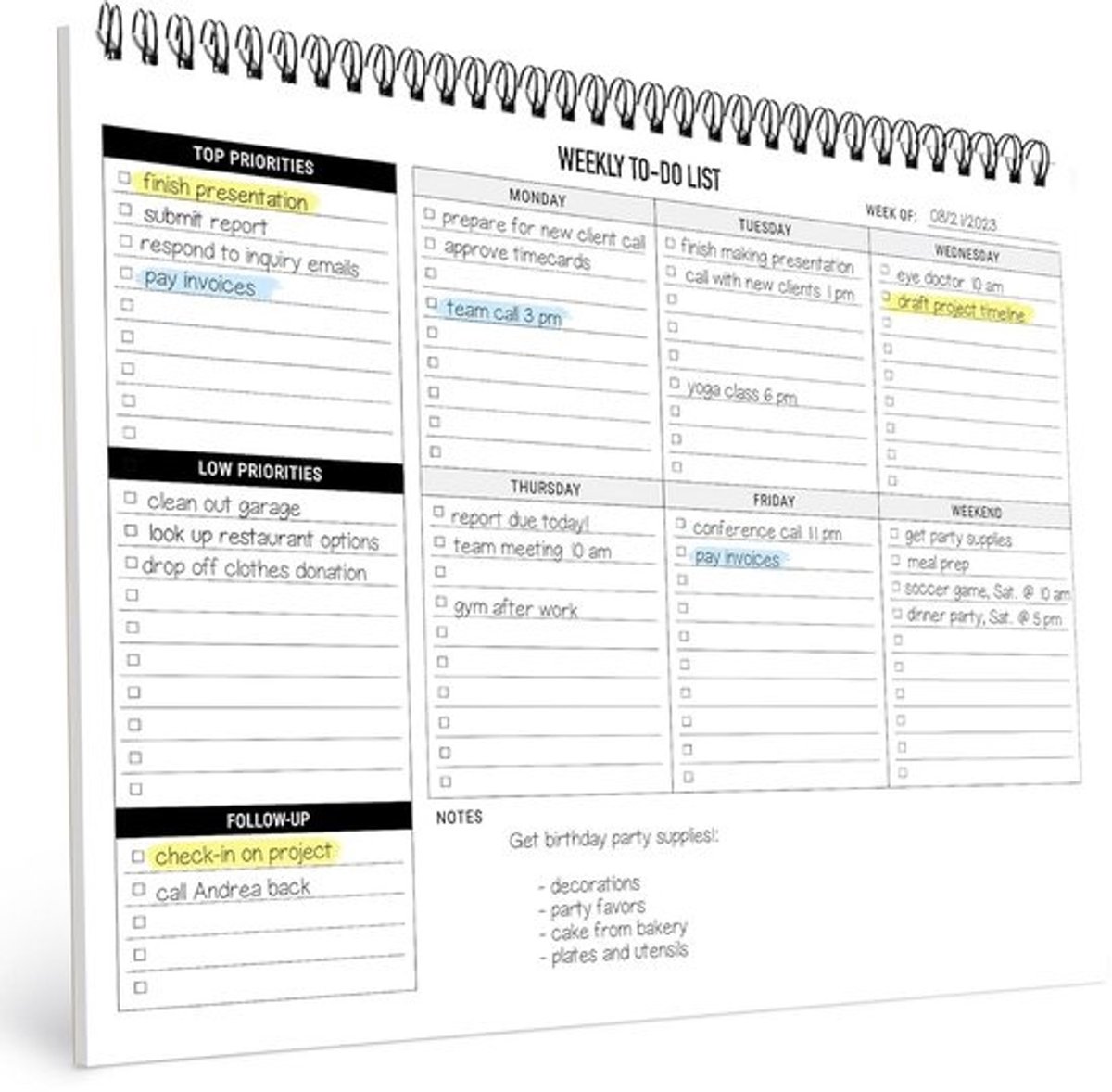 Weekplanner Notitieblok Spiraal - Grote Lijst voor Dagelijkse Taken en Prioriteiten