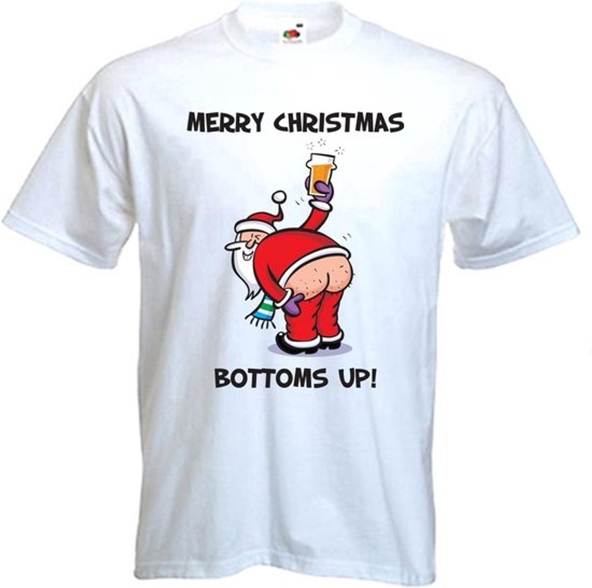 Grappig Kerst T-shirt Heren met Drinkende Kerstman - Wit Katoen - Diverse Maten