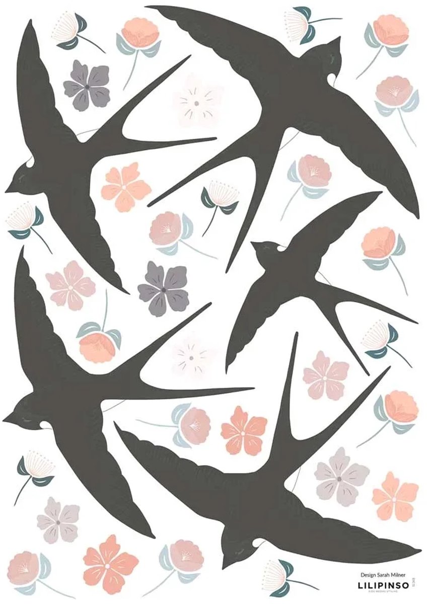 Lilipinso muursticker A3 zwaluwen en bloemen zwart roze