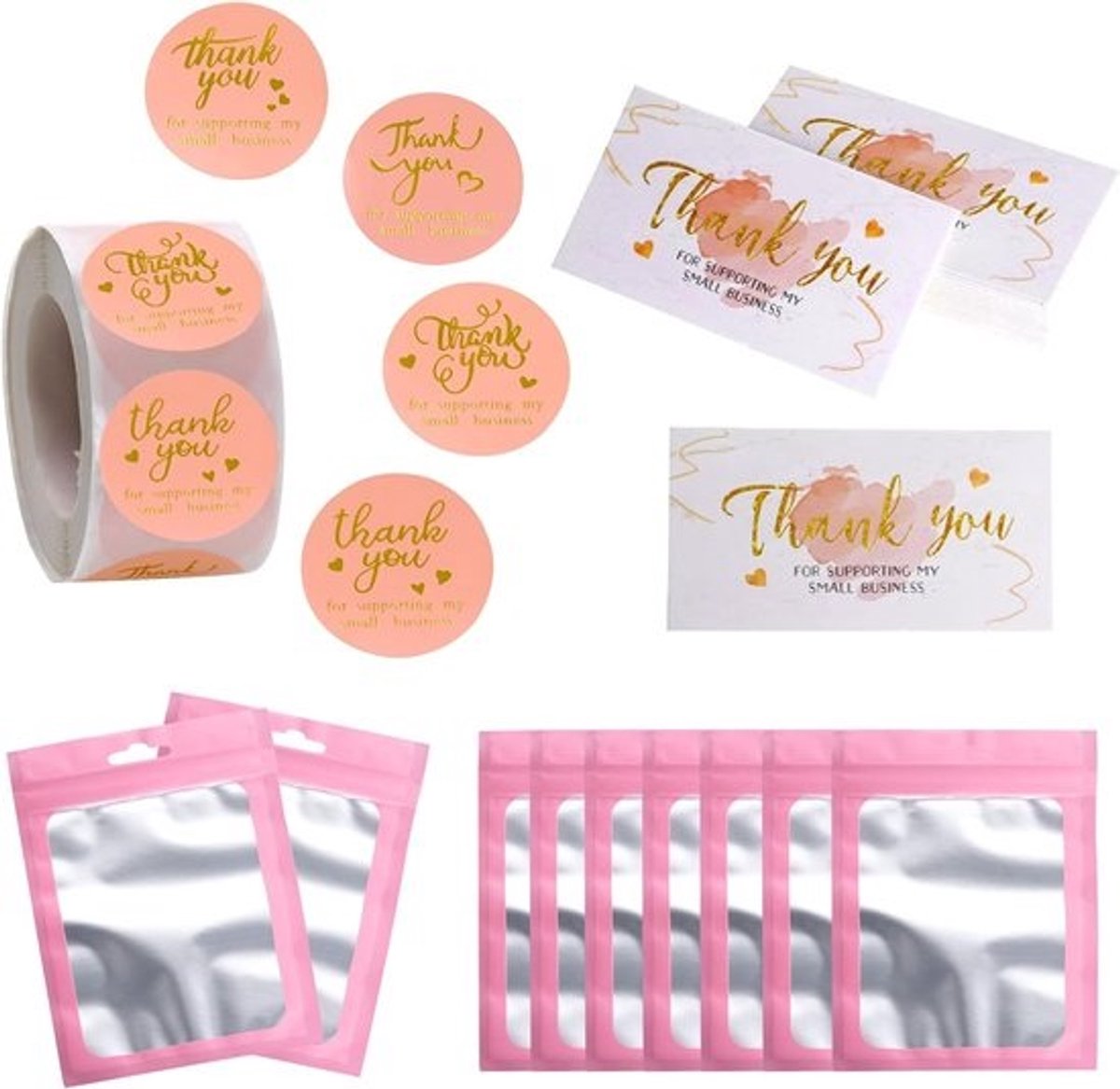 Grote set bedankkaarten, stickers en hersluitbare zakjes voor kleine bedrijven