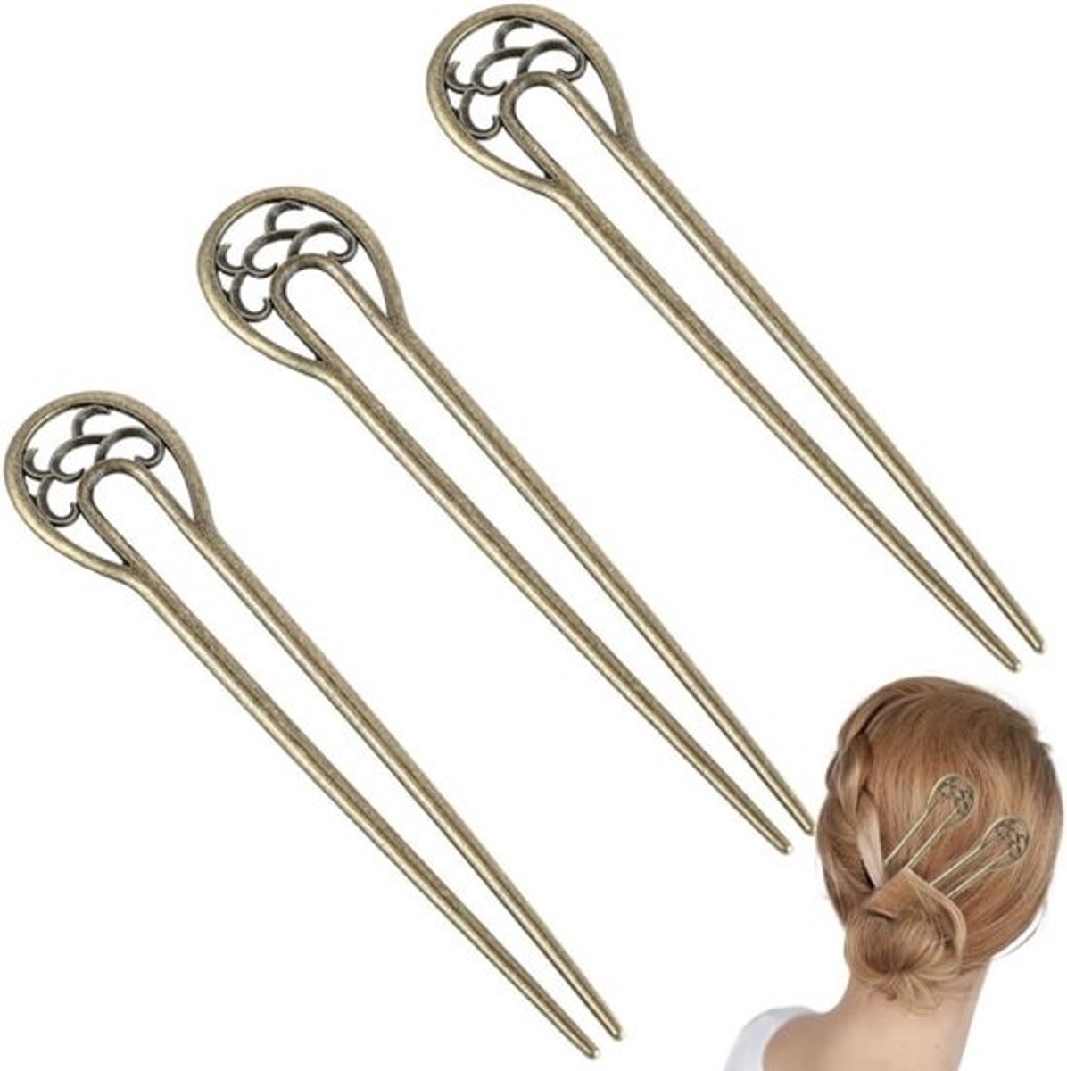 Set van 3 Vintage Metalen Haarspelden voor Lang Haar Styling