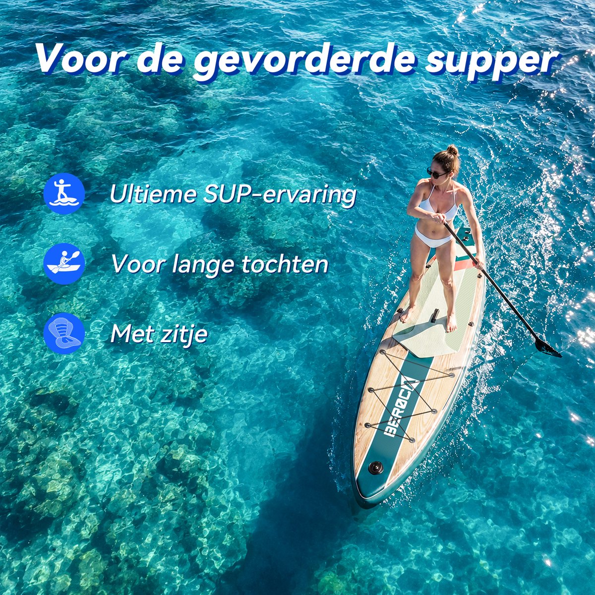 BEROCA SUP Board - met Zitje - Sup Board Opblaasbaar - Complete Set - 320x81cm - Max. 160 kg -Groen houtnerf – foto 2