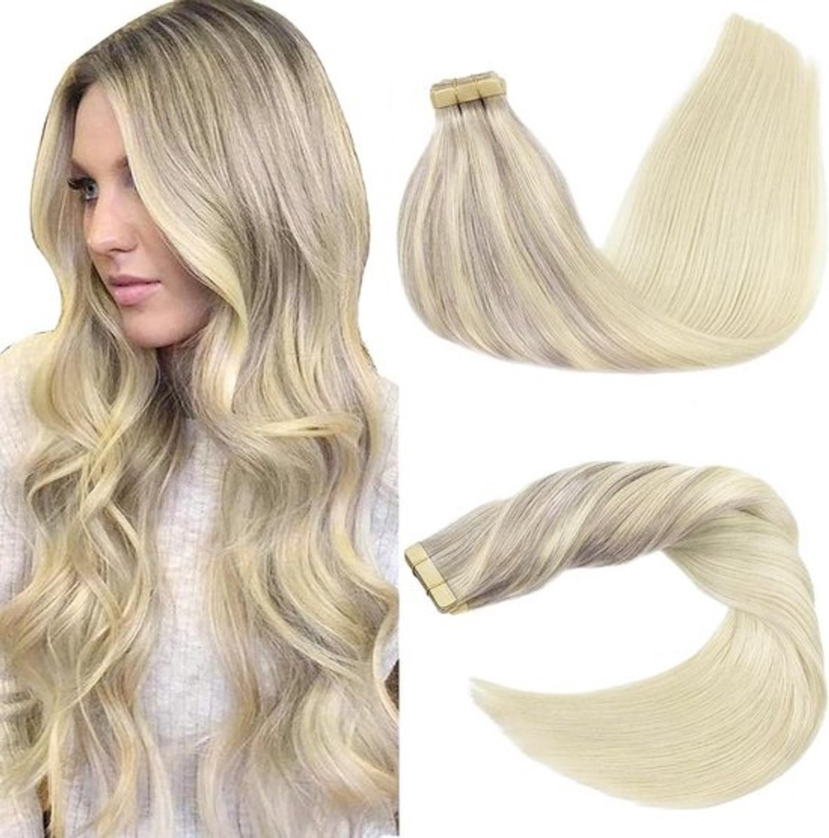 Tape-in Extensions Echt Haar Onzichtbare Tape 50 cm Asblond tot Platinblond