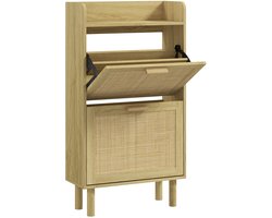 Meuble à chaussures étagère à chaussures armoire 2 portes, effet résine tressée design bohème - dim. 80L x 24,5l x 110H cm naturel | Schoenenrek, kunstharseffect, bohemien design