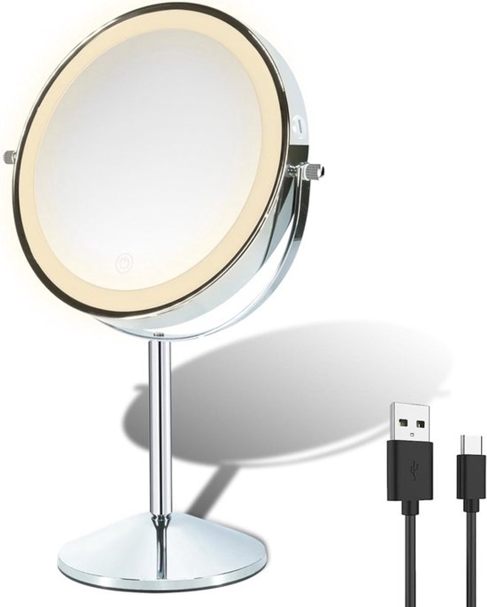 Verlichte make-upspiegel met 10X vergroting en oplaadbare LED verlichting 360° rotatie