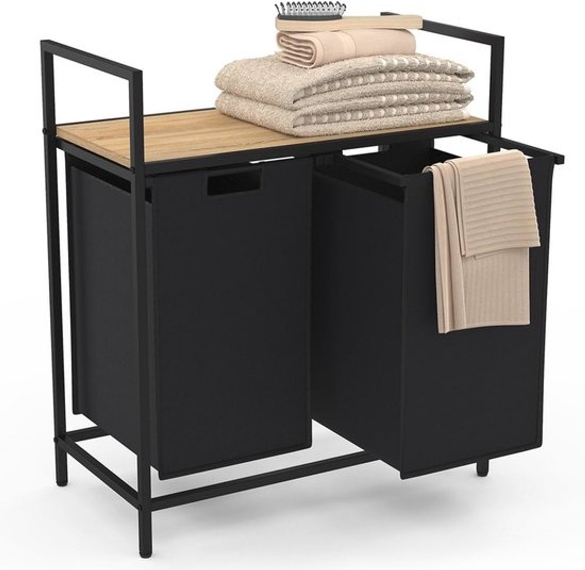 Wasmand met 2 bakken - Industrieel Design, Stof, Zwart - Compact en Praktisch