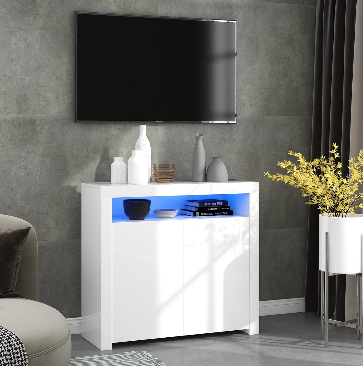 REDOM - Dressoir - LED-verlichting - 2 deuren en open opbergruimte - Hoogglans afwerking - Moderne stijl - Woonkamer - MDF - Wit - 108 x 40 x 92 cm