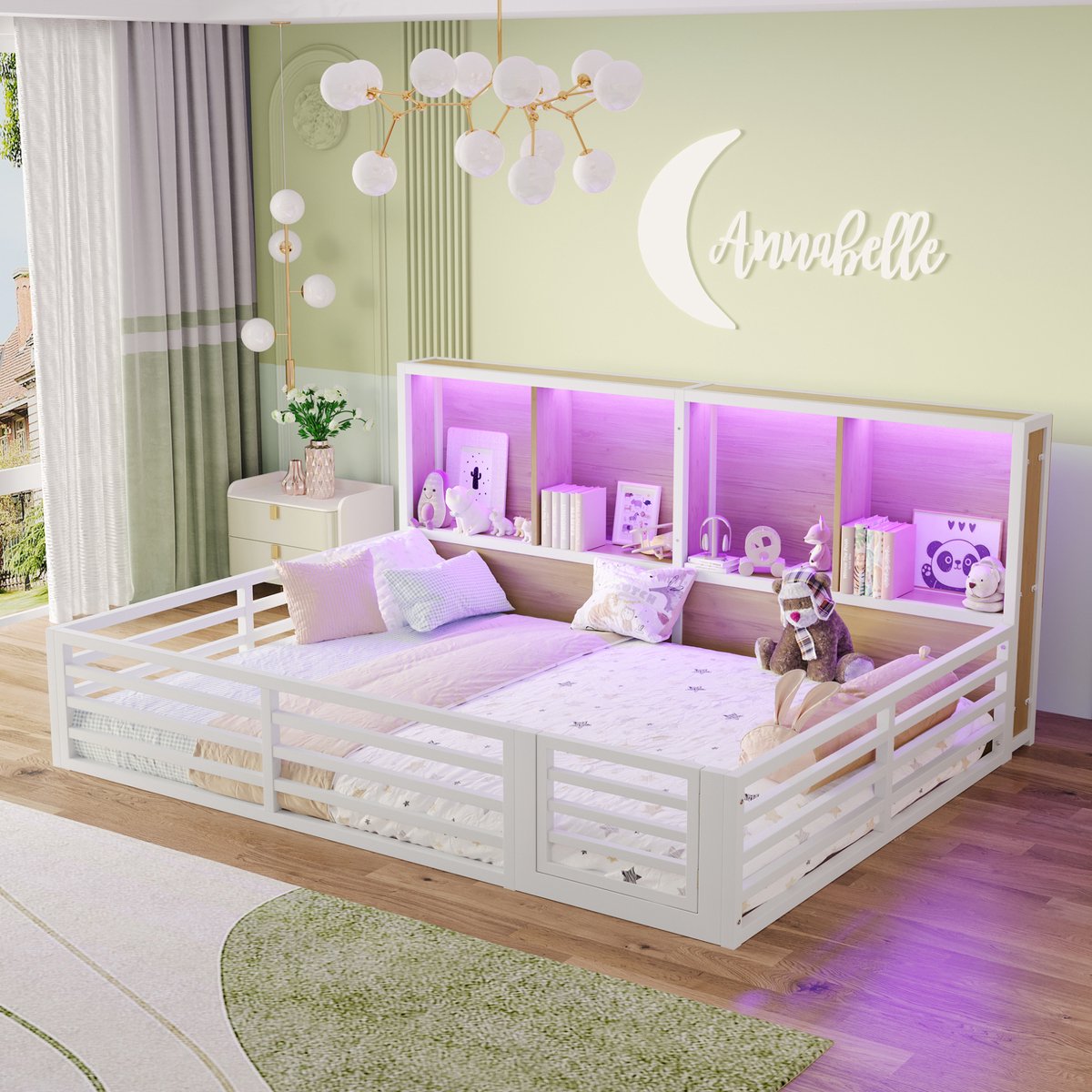 Wishdor Bed 140 x 200 cm - Met lattenbodem - Met opbergruimte en uitvalbeveiliging - LED verlichting - Kinderen - Metaal MDF - Wit
