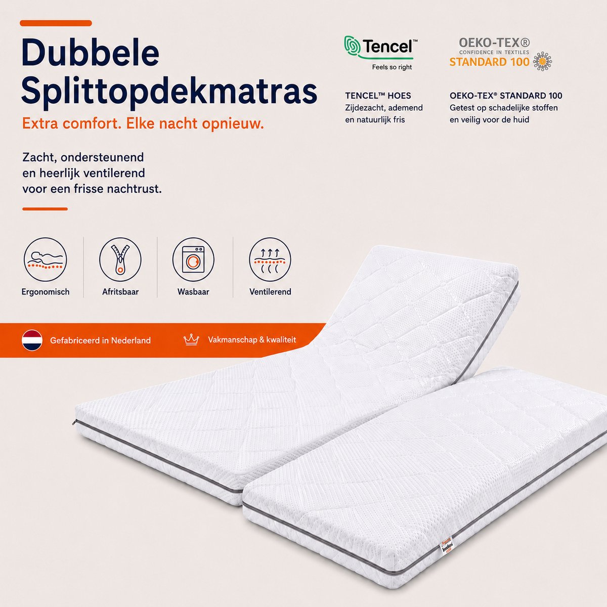 Bestrest Bedden BestrestBedden - Dubbele Splittopper - 160x200cm - Traagschuim - Splittopper - Topdekmatras - Tencel Hoes - 10cm dik - OkoeTex - Wasbare hoes - Zacht hardheid Wit
