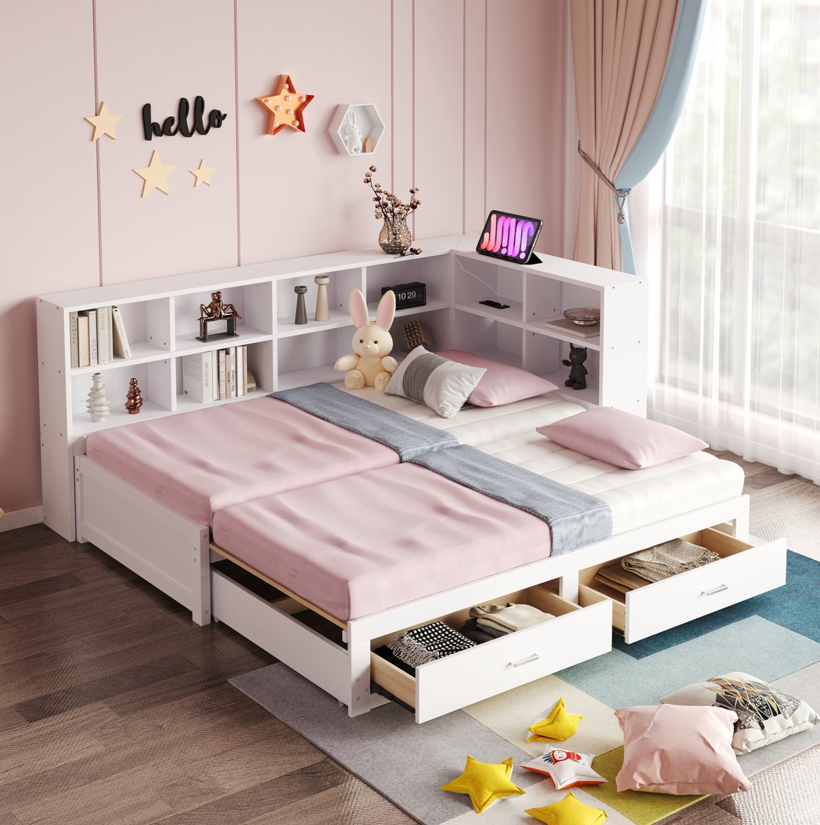 Wishdor Bed 180x190 cm - Uitschuifbaar opbergbed - Hoofdbord met vakken en stopcontact - Bedlade en lattenbodem - Modern slaapkamerbed - Hout - Wit