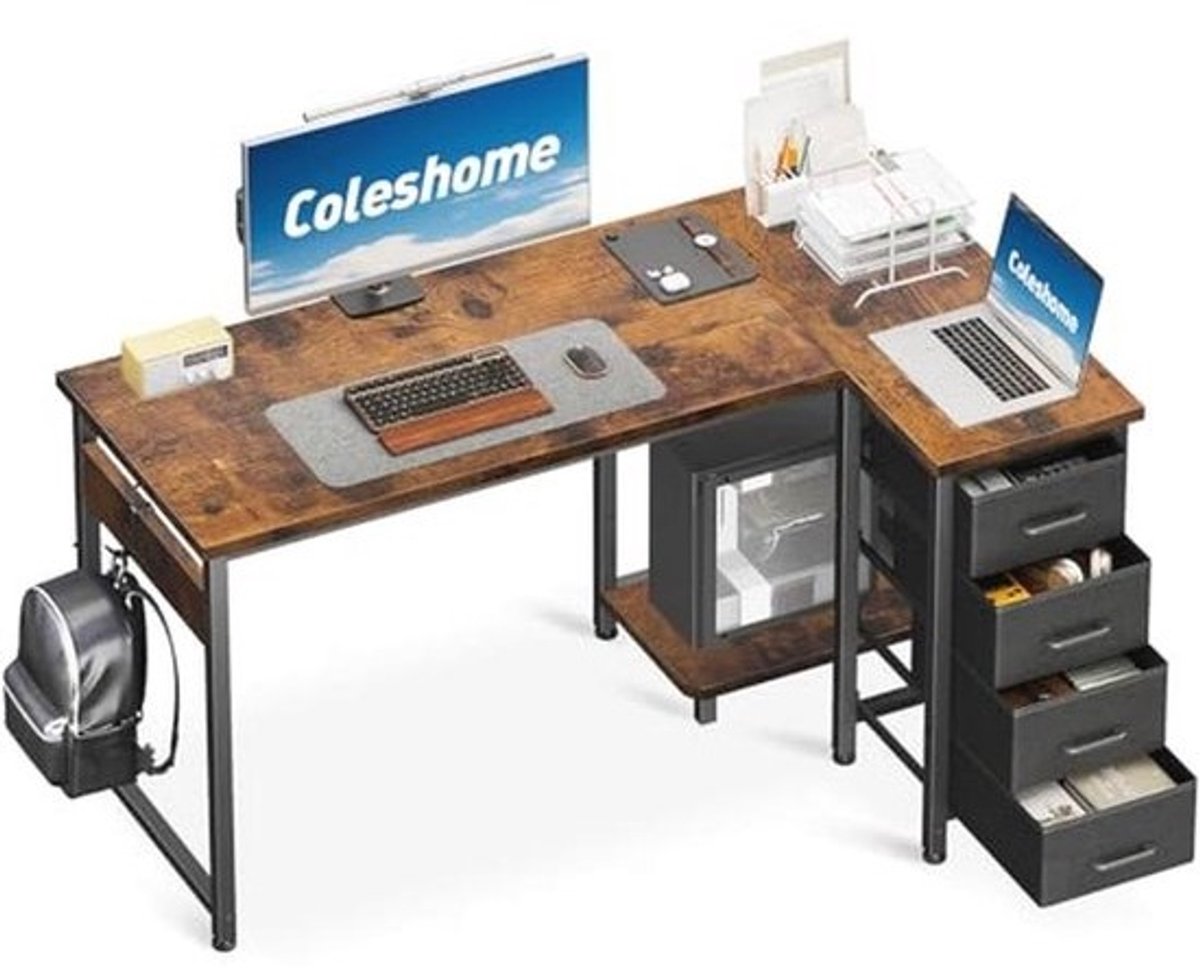 Hoekbureau L-vormig met 4 lades, Omkeerbaar computermeubel voor kantoor of slaapkamer