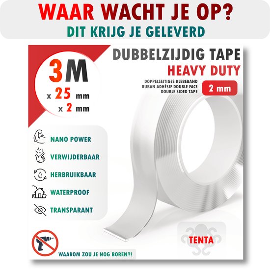3M dubbelzijdige heavy duty tape, 25 mm breed, 2 mm dik, transparant, verwijderbaar en waterdicht.