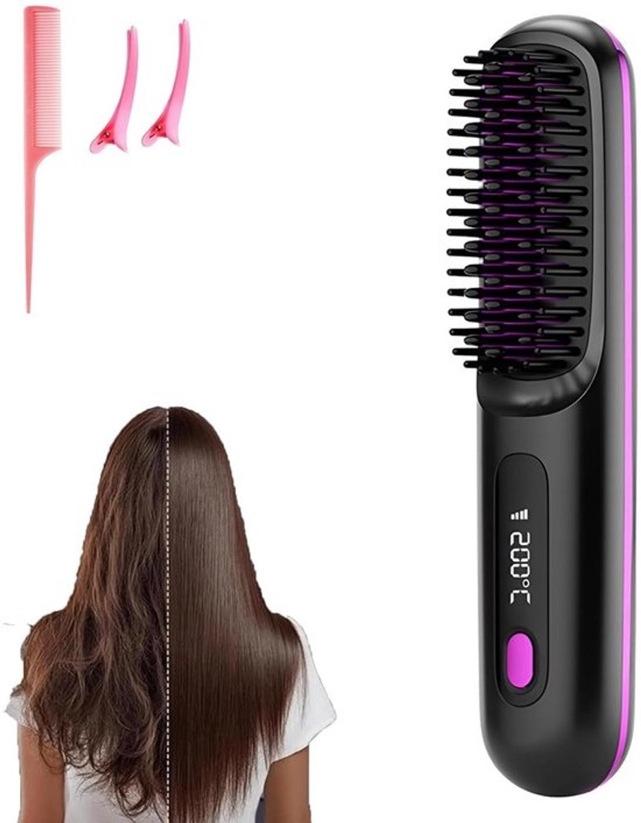 SnelShoppen - Draagbare draadloze mini-stijlborstel voor dames met LCD-temperatuurweergave, 2000 mAh, snelle verwarming, draadloze keramische stijltan