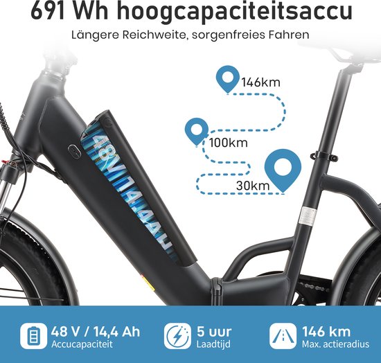 Maxtron Ilex Elektrische Vouwfiets 20 inch - 691,2Wh Accu - 120 km Actieradius - 45Nm Koppel - Koppelsensor - Hydraulische Schijfremmen - Shimano 7 Versnellingen - Zwart van Maxtron — afbeelding 4