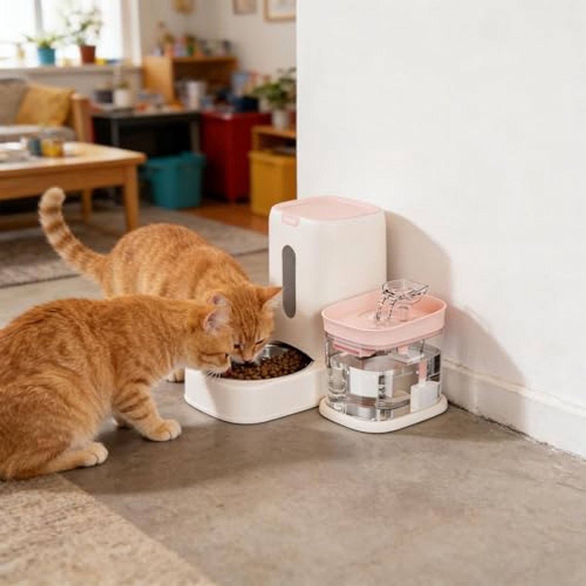 Automatische voerbakset inclusief waterdispenser en voerbak met zwaartekrachttoevoer grote roestvrijstalen voerbak gemakkelijk schoon te maken geschikt voor katten en honden . Waterdispenser 1,8 liter voerbak 3,6 liter roze