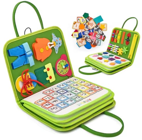 Montessori Activiteitenboek Dieren, Voel‑en‑doek Busy Board Boek - Leer Veter Strikken en Klok Lezen - Draagbaar Educatief Motoriek Speelgoed Voor Kinderen - Perfect Voor Thuis en Op Vakantie - Groen — afbeelding 5